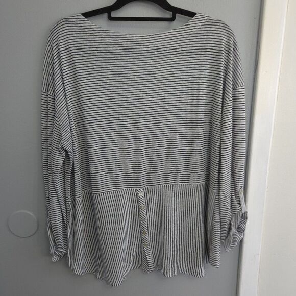 Adrienne Vittadini Navy White Striped 100% Linen Stretch Button Back Top Large - Picture 7 of 10
